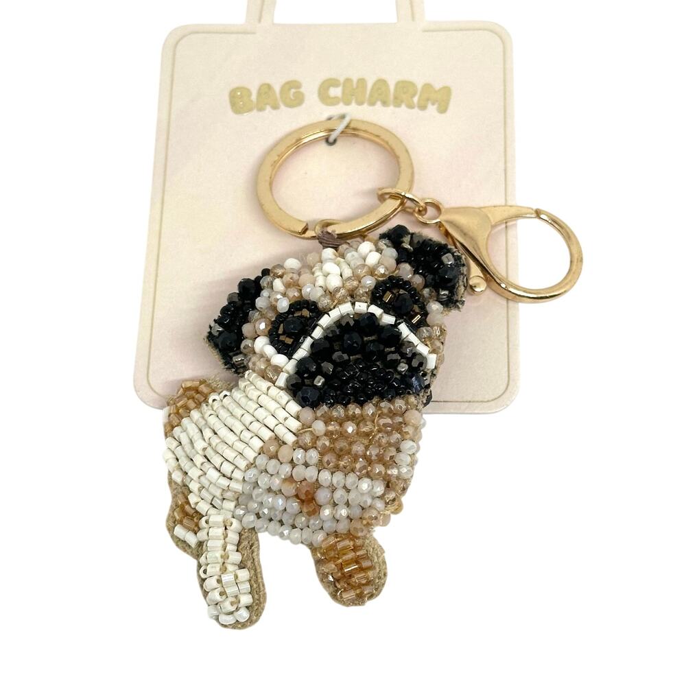 ANTHROPOLOGIE Beaded Pug Dog Bag Purse Charm Keychain Gold-Tone Hardware- NWT